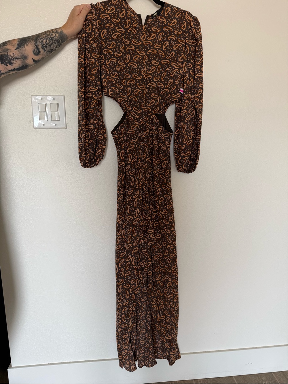 Maje Brown Paisley Long-Sleeve Maxi Dress with Cutout Waist